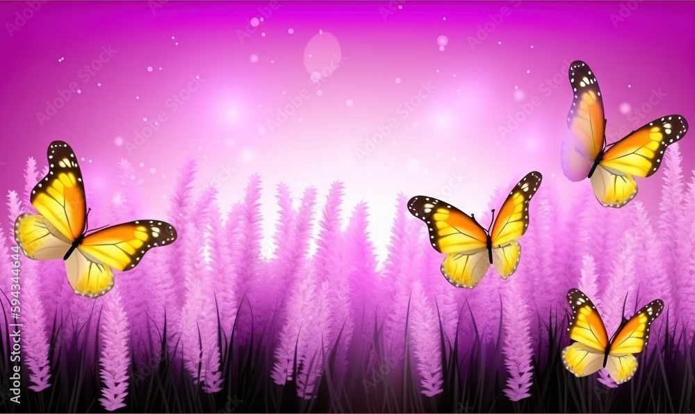 three butterflies flying over a field of tall purple grass on a purple background with a pink sky and sunbeams in the background photo. generative ai three butterflies flying over a field of tall purple grass on a purple background with a pink sky and sunbeams in the background photo. generative ai