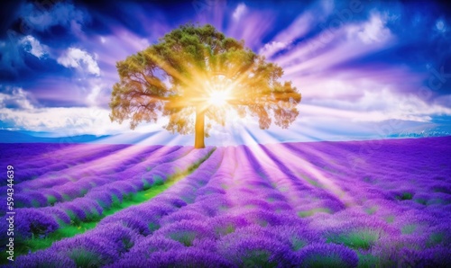  a tree in a lavender field with the sun shining through the clouds over it and the sun shining through the clouds over the tree is a field of lavender. generative ai © Shanti