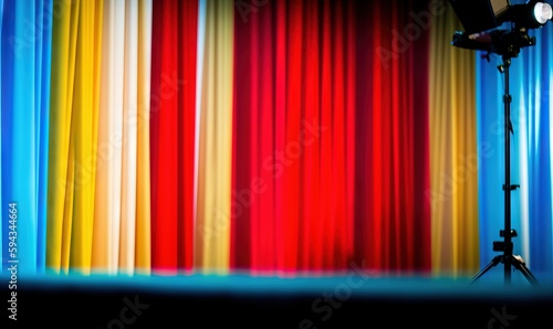  a colorful curtain with a camera on a tripod in front of it and a light on a tripod in front of the curtain. generative ai