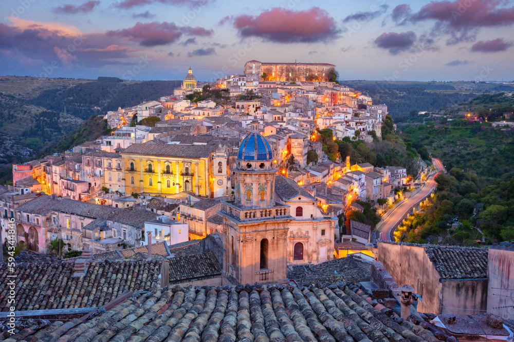 Ragusa Ibla, Sicily, Italy. Cityscape image of historical town Ragusa Isla, Sicily at sunset.