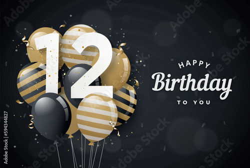 Happy 12th birthday balloons greeting card black background. 12 years anniversary. 12th celebrating with confetti. Vector stock	