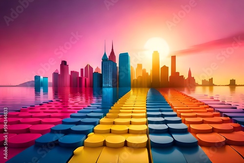 Colorful illustration city pink blue yellow orange created with Generative AI technology