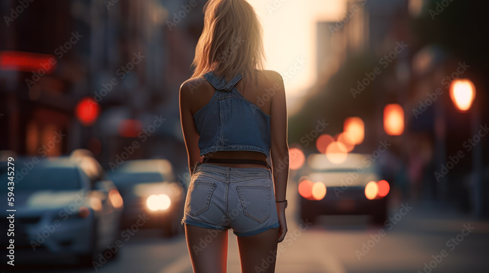 a girl in short denim shorts in the middle of a city evening road generative ai