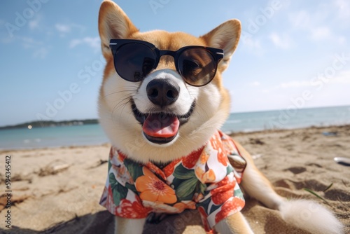 A dog wearing sunglasses and a hawaiian shirt on the beach created with Generative AI technology © pham