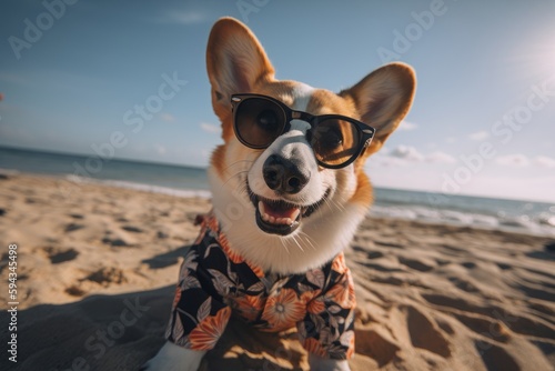 A corgi dog wearing sunglasses on the beach created with Generative AI technology © pham