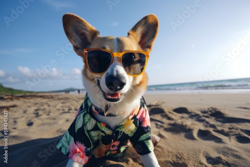 A dog wearing sunglasses sitting on a beach created with Generative AI technology © pham