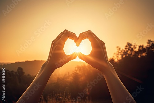Silhouette Hands in shape of love heart at sunset or sunrise. Generative AI