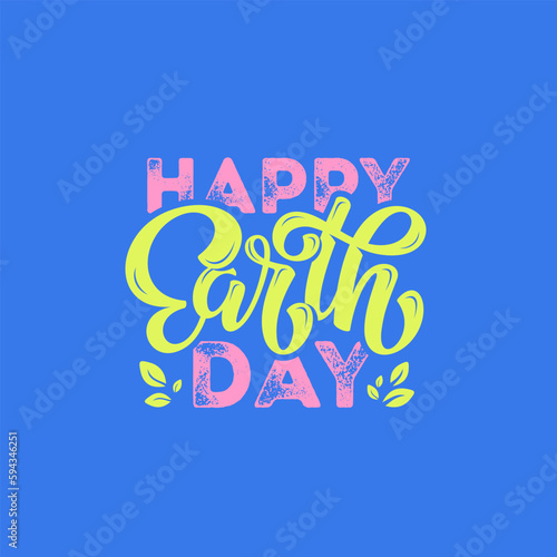 Happy Earth Day bright lettering vector illustration with little green leaves