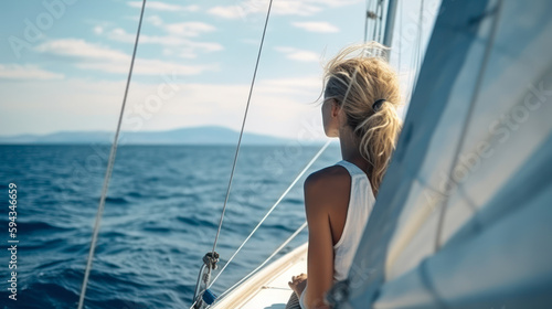 a girl on a yacht enjoys the sea her hair is inflated by the wind back view, travel ocean trip generative ai © Poter