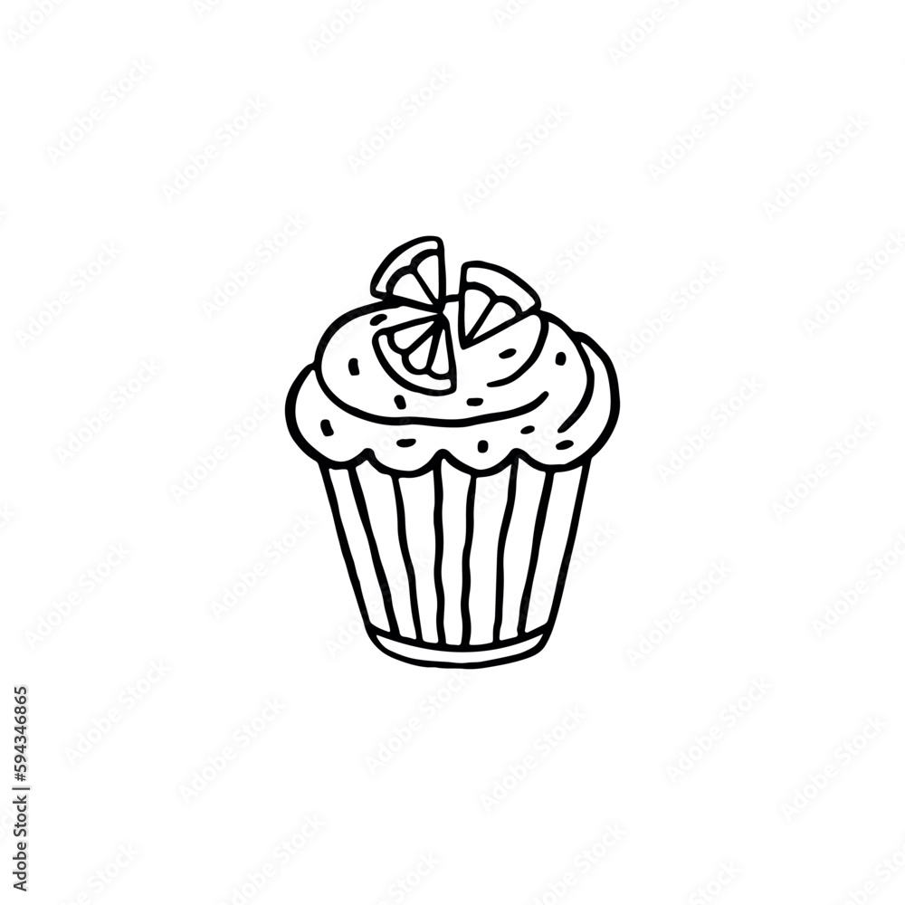 Cupcake with orange line icon, vector contour symbol, candy pictogram
