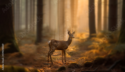 Young beautiful deer in a sunrise and misty forest. Natural woodland dawn landscape. Dark shadows and golden morning sun background summer nature beauty