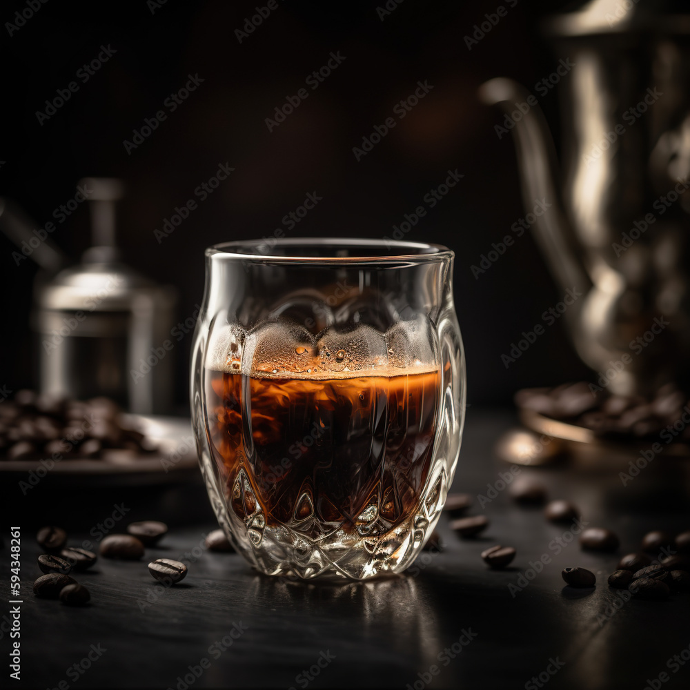 Coffee Cup made of Glass, some Beans on the Background Slightly Blurred, Commercial Photography Generated with AI Coffee Cup made of Glass, some Beans on the Background Slightly Blurred, Commercial Photography Generated with AI