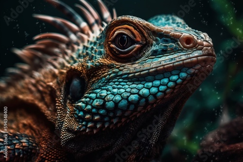  a close up of a lizard s head with water droplets on it s body and a black background with a green plant in the foreground.  generative ai