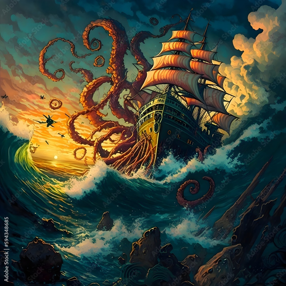 The kraken sea monster attacking pirate shipe Generative AI The kraken sea monster attacking pirate shipe Generative AI