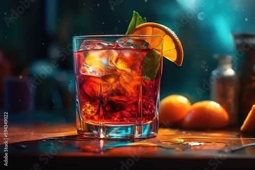  a close up of a glass with a drink on a table next to oranges and a bottle of alcohol on a wooden table with a blurry background.  generative ai