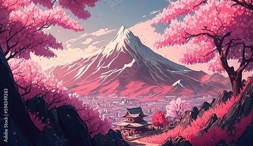 Beautiful pink sakura cherry blossom with mountain, spring landscape, cartoon manga anime art style, AI generated