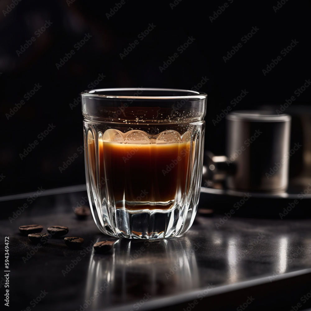 Coffee Cup made of Glass, some Beans on the Background Slightly Blurred, Commercial Photography Generated with AI Coffee Cup made of Glass, some Beans on the Background Slightly Blurred, Commercial Photography Generated with AI