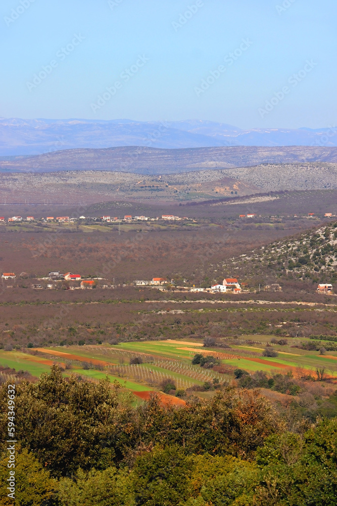 Agricultural fields in village Vrana, south Croatia. early spring, aerial view.