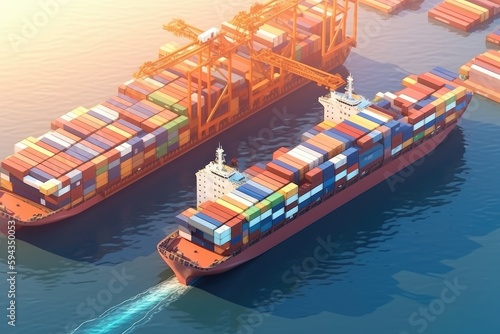 Aerial view of container cargo ship in import export and business logistic, AI generated