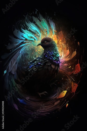  a colorful bird with a black background and a black background with a blue, green, yellow, and red bird on it's back.  generative ai © Shanti