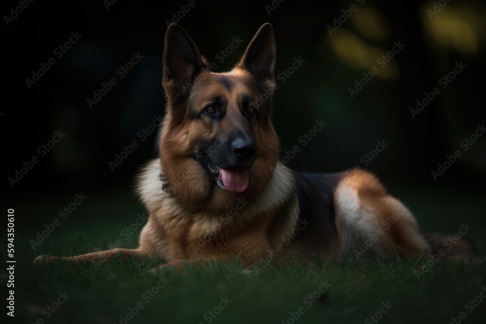 A German Shepherd is featured in an environmental portrait photo, beautifully framed with a lush park providing the backdrop