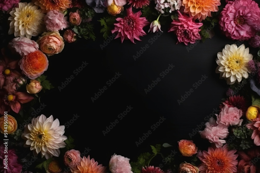 a black background with a bunch of flowers in the middle of the frame and a black background with a bunch of flowers in the middle of the frame. generative ai a black background with a bunch of flowers in the middle of the frame and a black background with a bunch of flowers in the middle of the frame. generative ai