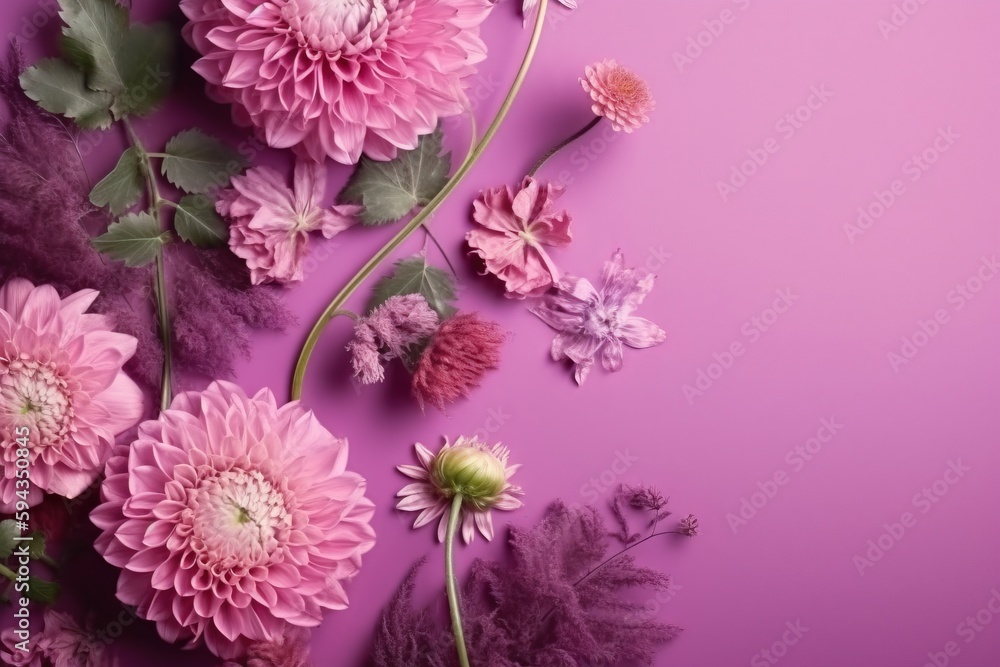  a bunch of flowers that are on a purple surface with leaves and flowers around them on a purple background with a place for a text.  generative ai