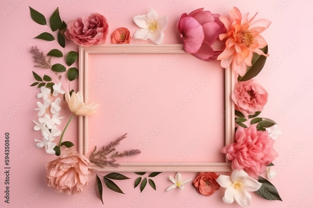  a pink square frame with flowers on a pink background with a place for a text or an image with a place for the text in the middle.  generative ai