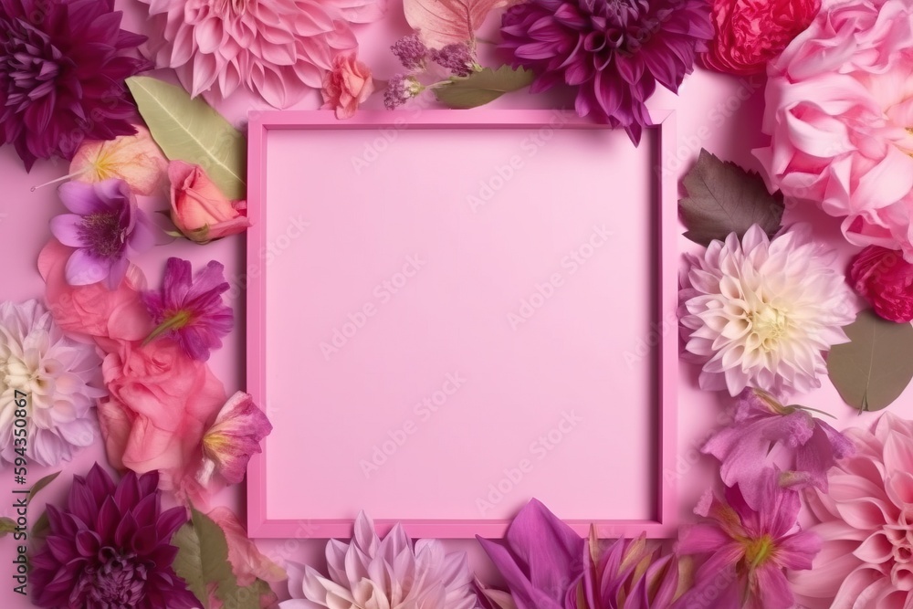  a pink frame surrounded by pink flowers and green leaves on a pink background with copy space for your text or image or text message stock photo.  generative ai