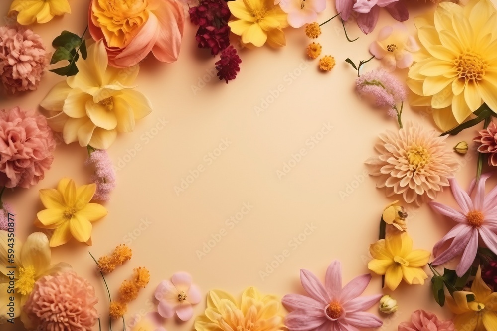  a bunch of flowers are arranged in a circle on a beige background with a place for a text or a picture to put on a card.  generative ai