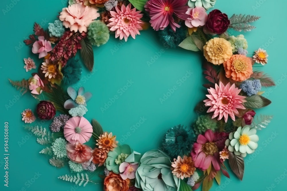 a wreath made of flowers on a blue background with leaves and flowers in the middle of the wreath is the center of the wreath is a. generative ai a wreath made of flowers on a blue background with leaves and flowers in the middle of the wreath is the center of the wreath is a. generative ai