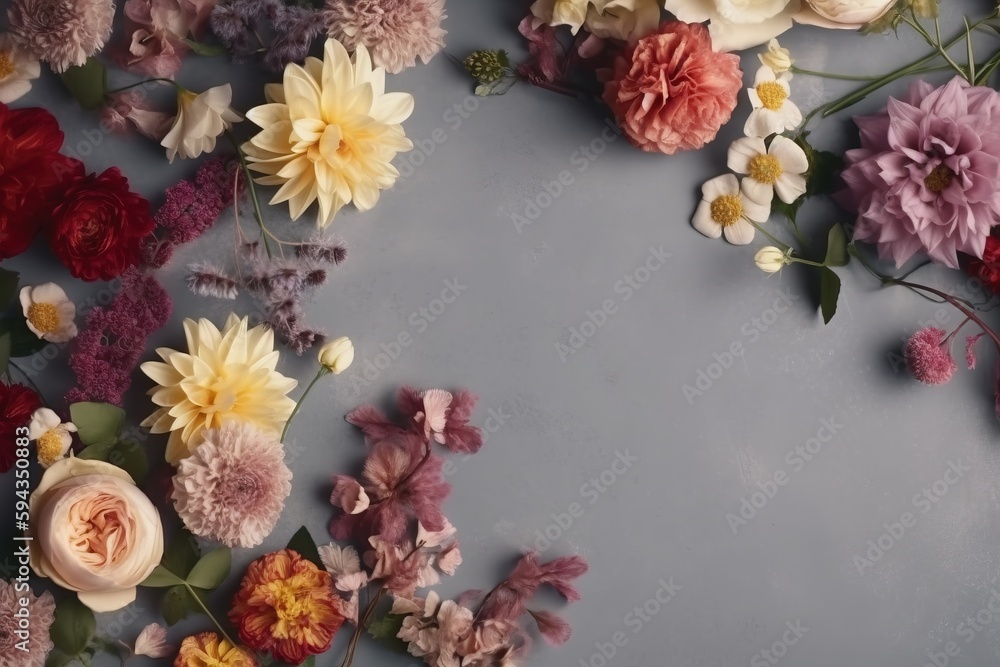 a bunch of flowers that are laying on a table together on a gray surface with a white border around the edges of the flowers and the edges of the petals. generative ai a bunch of flowers that are laying on a table together on a gray surface with a white border around the edges of the flowers and the edges of the petals. generative ai