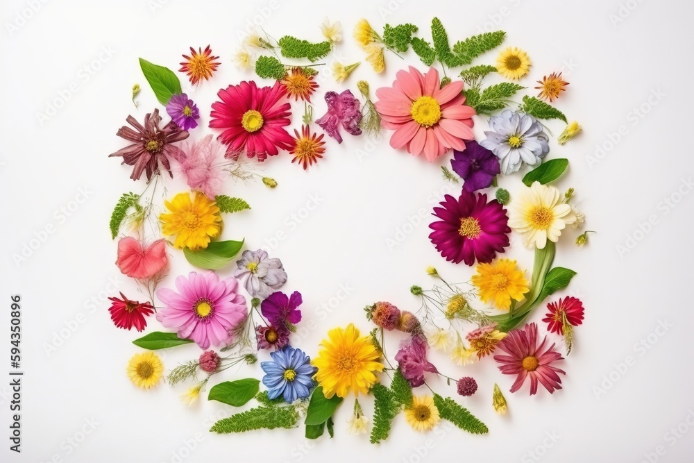 a circle of flowers arranged on a white surface with green leaves and flowers in the middle of the circle, with the center surrounded by smaller flowers. generative ai a circle of flowers arranged on a white surface with green leaves and flowers in the middle of the circle, with the center surrounded by smaller flowers. generative ai