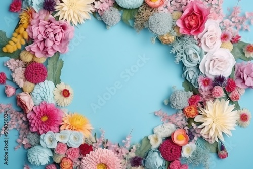  a blue background with a bunch of flowers on it and a circle of flowers in the middle of the frame on top of the picture. generative ai