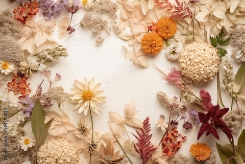  a bunch of flowers that are laying on a table together with leaves and flowers around them on a white surface with a white surface with a white background. generative ai