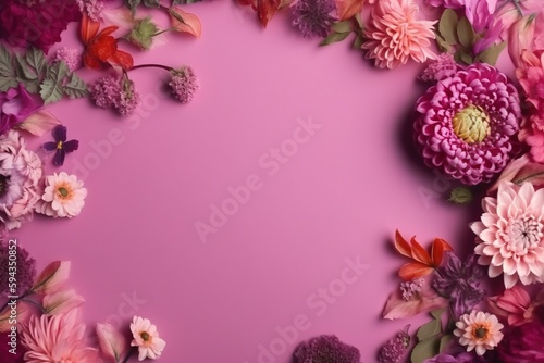  a pink background with a bunch of flowers on top of the bottom of the image is a purple circle with a few pink flowers on the bottom of the image. generative ai