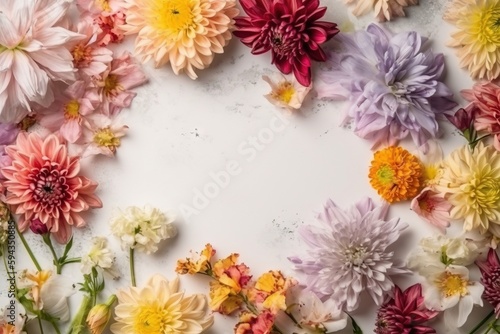  a bunch of flowers that are laying on a white surface with space for text or a picture to put on the bottom of the picture. generative ai