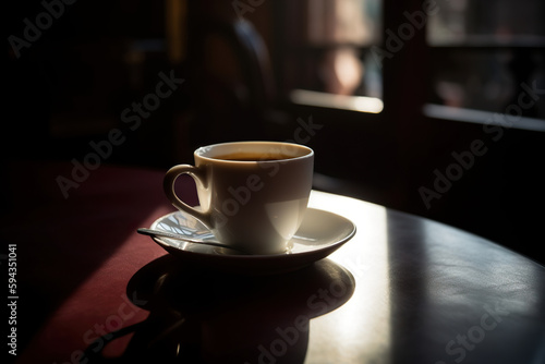 White Coffee Cup with Spoon, Film Photography, Professional Lights, Cinematic Shadows Generated with AI