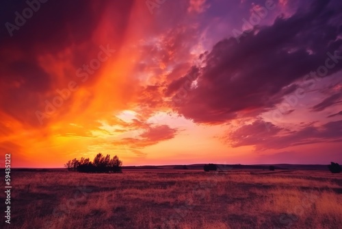  a sunset over a field with a lone tree in the foreground and clouds in the distance with a purple and orange sky in the background. generative ai