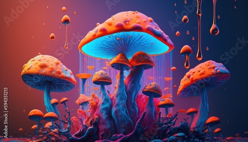 Trippy psychedelic background of magic mushrooms generative ai