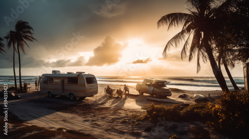 Old motorhome, rv, parking spot, van life. Ai generative