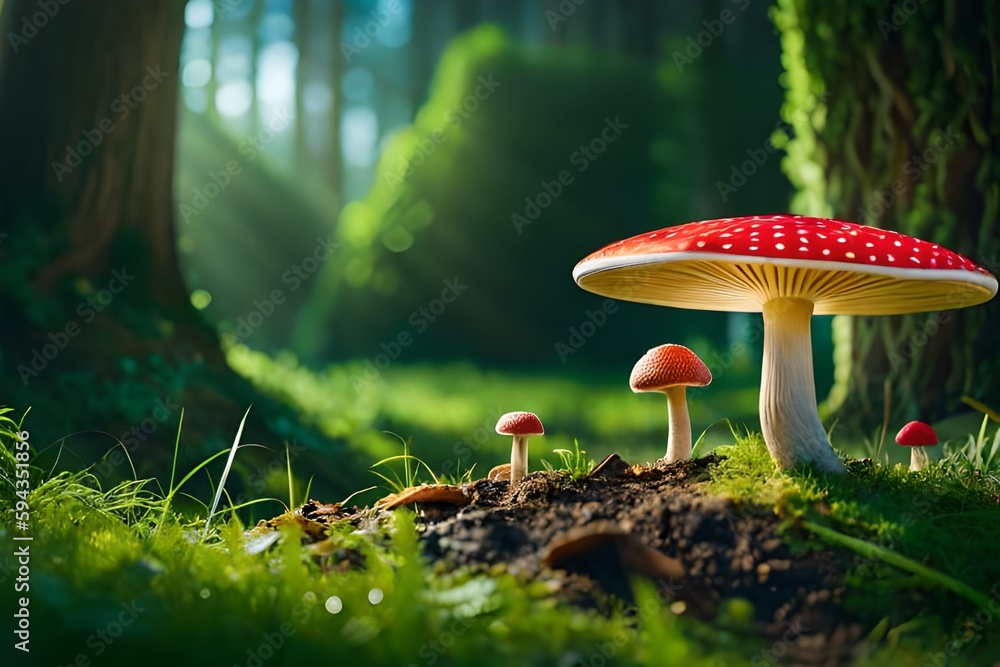 Glowing Mushrooms On The Fantasy Forest With Blue Orb Glowing