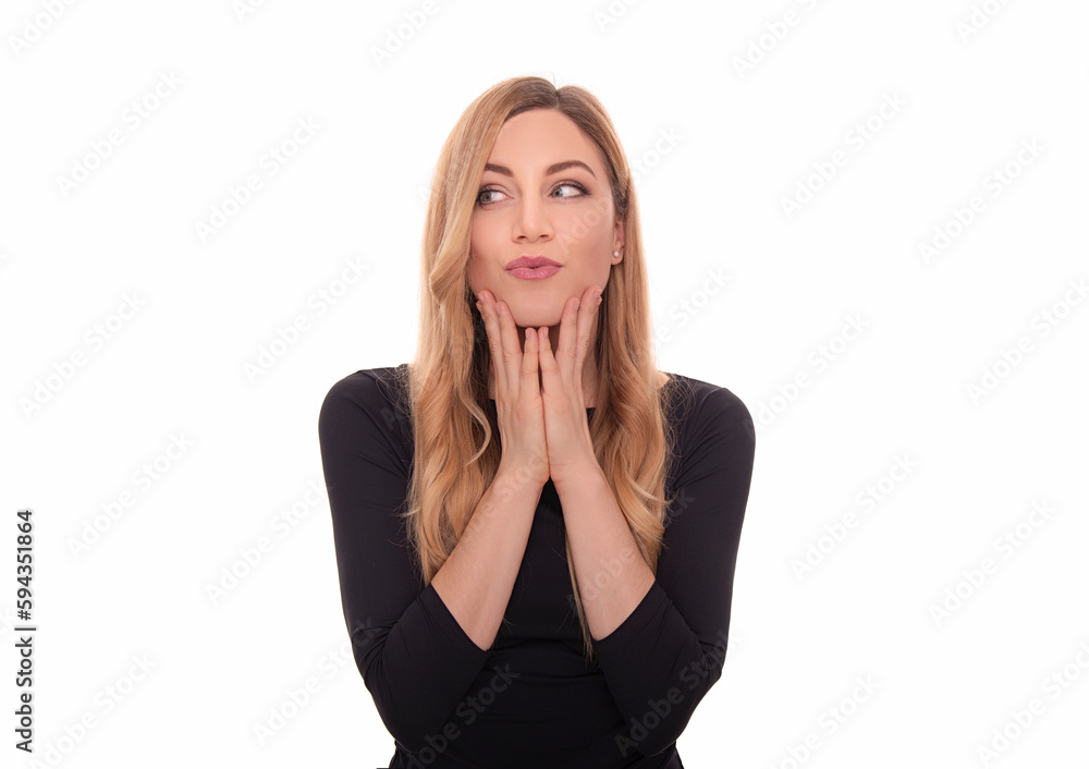 Beautiful blonde woman in a dark blouse on a white background. Beautiful blonde woman in a dark blouse on a white background.