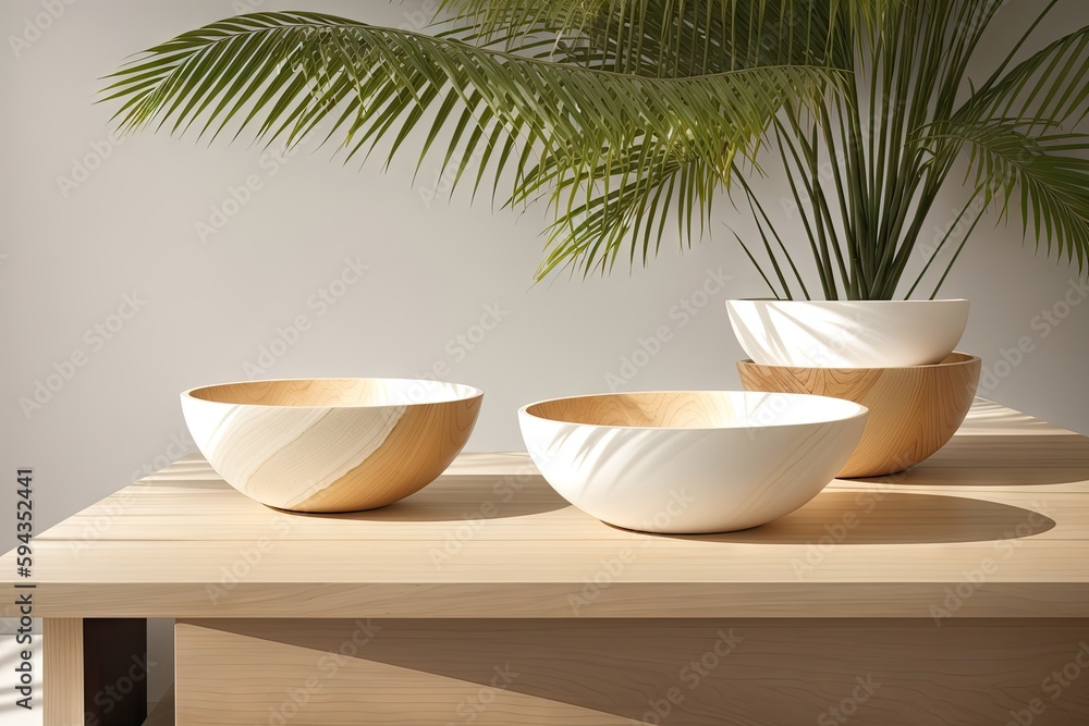 Empty white bowl, white plates, on beige table. Modern kitchen interior, generative ai