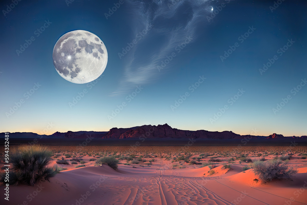 Desert with a full moon with the night scene background, generative ai