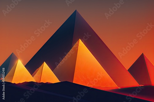 Sci-fi landscape with 3D mountain pyramids in retrofuturistic synthwave style, orange light, generative ai