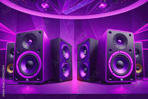 Modern loudspeakers on table against purple colored background, generative ai