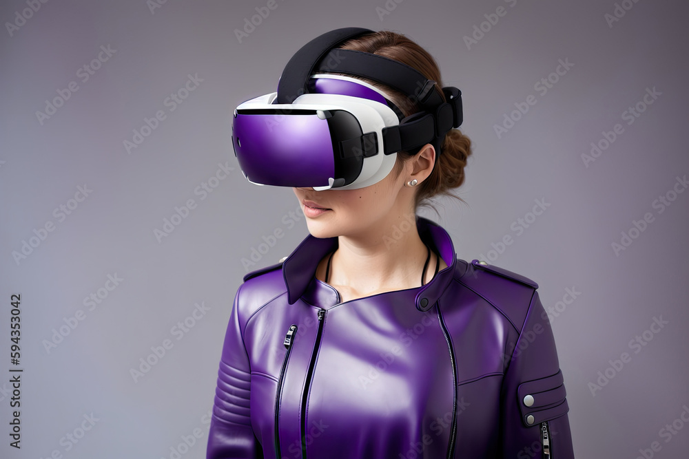 Woman with glasses of virtual reality. Future technology concept, pink background, generative ai Woman with glasses of virtual reality. Future technology concept, pink background, generative ai