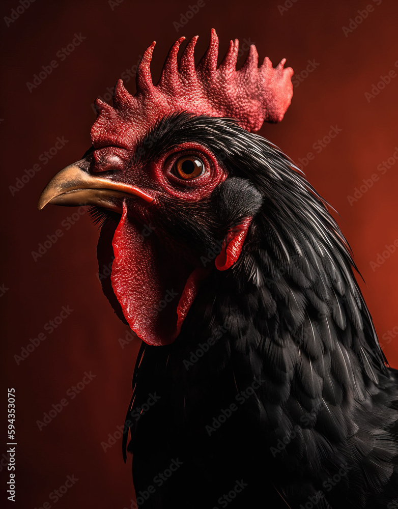 Beautiful black rooster close-up, Generative AI