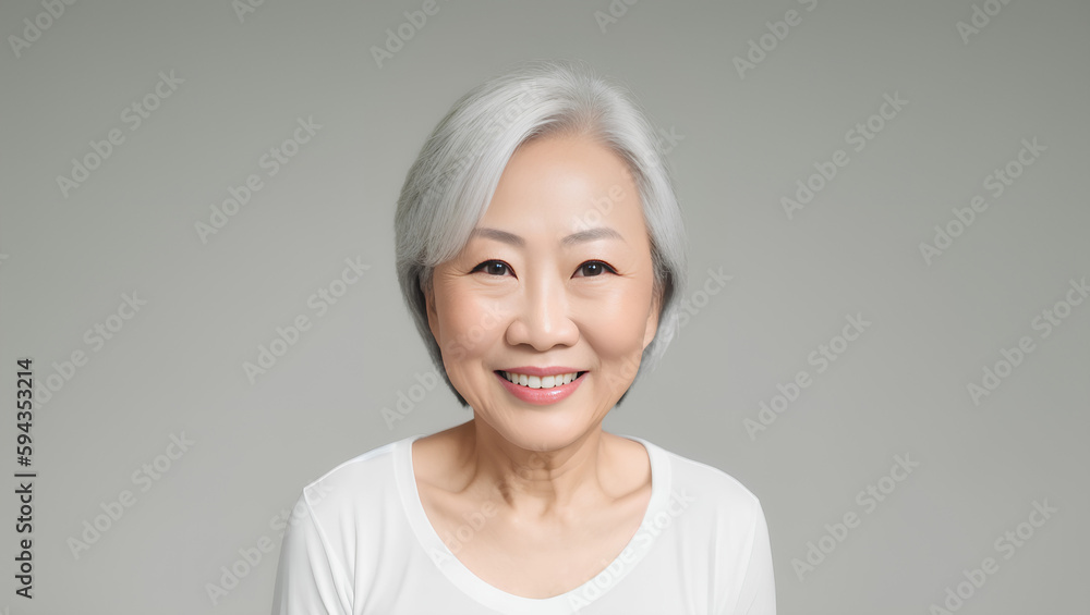 Portrait of Asian senior adult woman on grey plain empty background with copy space. Generative AI Portrait of Asian senior adult woman on grey plain empty background with copy space. Generative AI